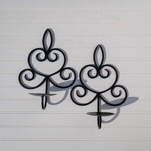 Wrought Iron Candle Holders Wall Sconces Black Rustic Candelabra Pair Vtg Scroll